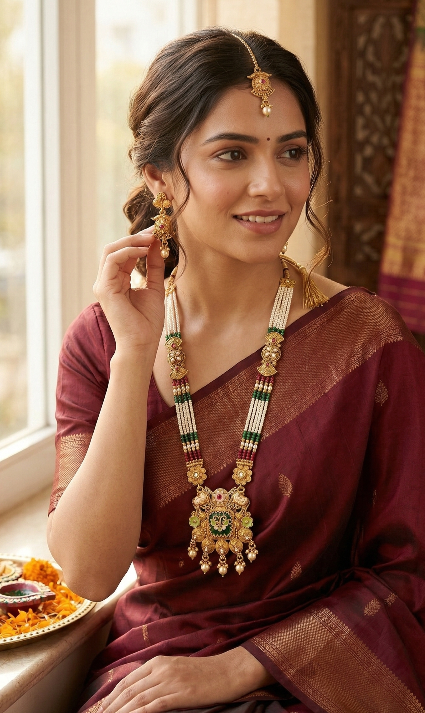 Close-up view of premium artificial Heritage Meenakari & Pearl Multi-Strand Long Necklace Set (Rani Haar) by Innovate Art Impex.