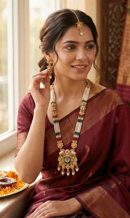 Close-up view of premium artificial Heritage Meenakari & Pearl Multi-Strand Long Necklace Set (Rani Haar) by Innovate Art Impex.