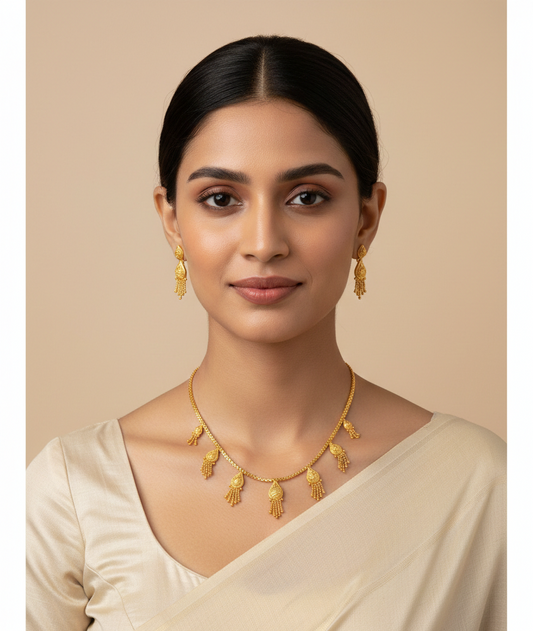 Close-up view of premium artificial Innovate AI Indian Antique Golden Colour Bridal Necklace Set for Women   Traditional Temple Jewellery with Drop Earrings   Ethnic Wedding Party Jwellery for Saree, Lehenga & Girls Dresses by Innovate Art Impex.