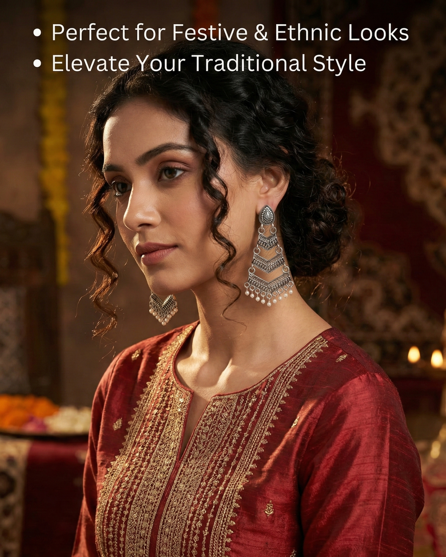 Close-up view of premium artificial Oxidized Silver Traditional Chandelier Earrings for Women by Innovate Art Impex.