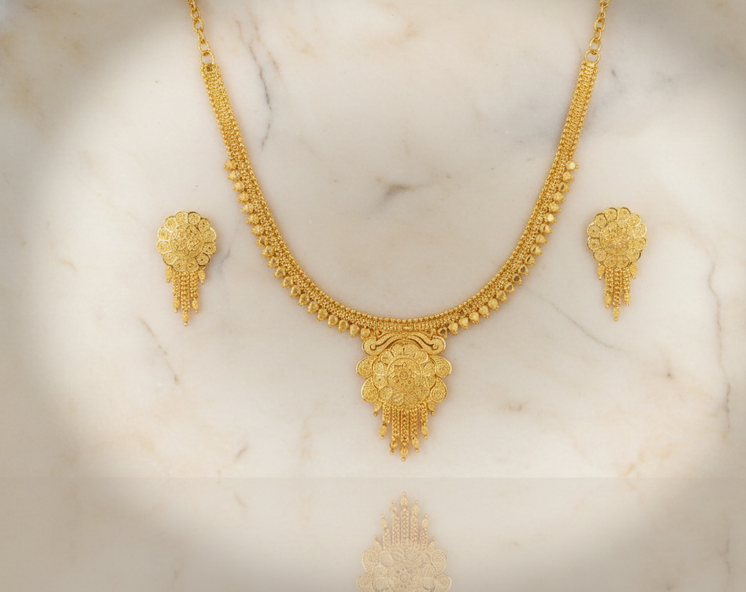 Close-up view of premium artificial Temple Jewellery Necklace Set For Women Traditional Antique Gold Artificial Bridal Choker Jwellery Ladies Fancy Kundan Pearl Oxidised Silver Ruby Diamond Zaveri Haldi Aesthetic Layered Butterfly Silk Thread Women Jwelleries Western Girls by Innovate Art Impex.