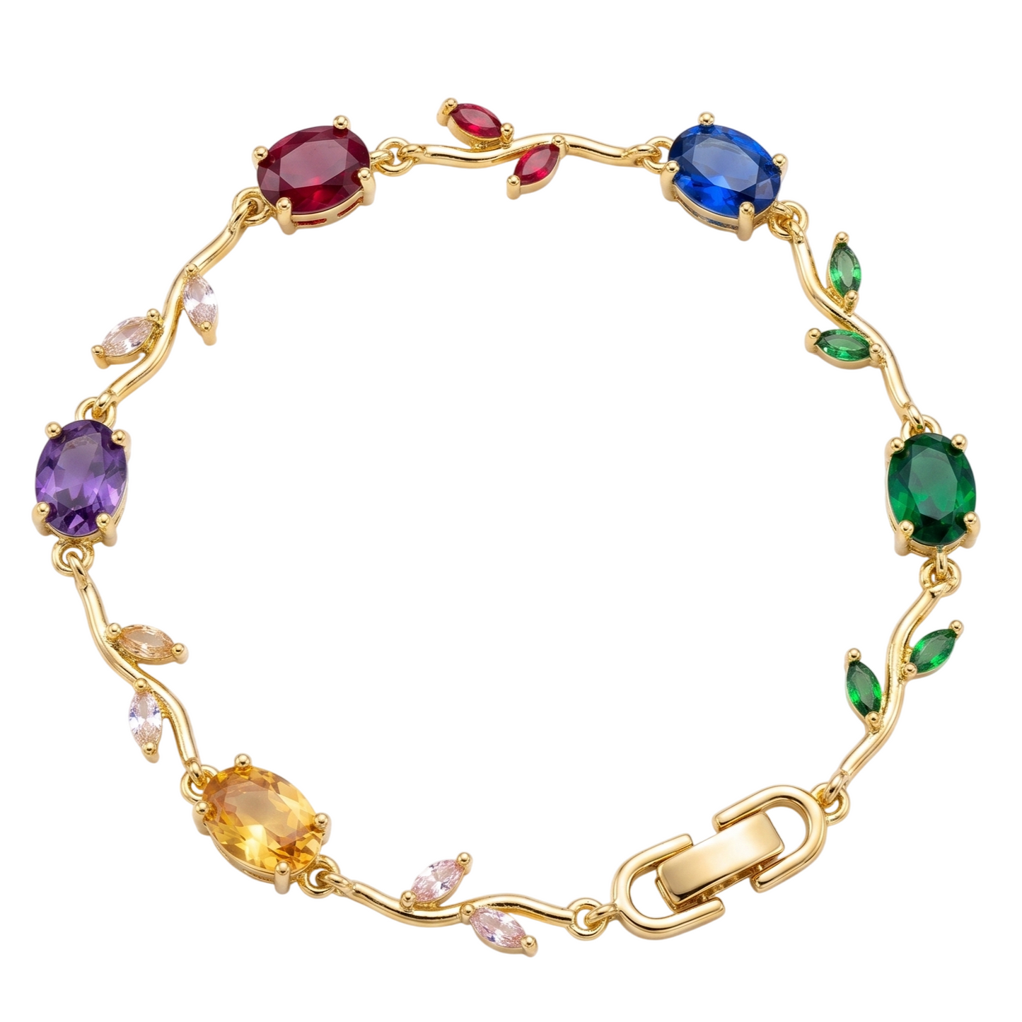 Rainbow Vine Multi-Gemstone Bracelet - Gold Plated Botanical Leaf Link Design with Oval Ruby, Sapphire, Emerald, Amethyst & Citrine