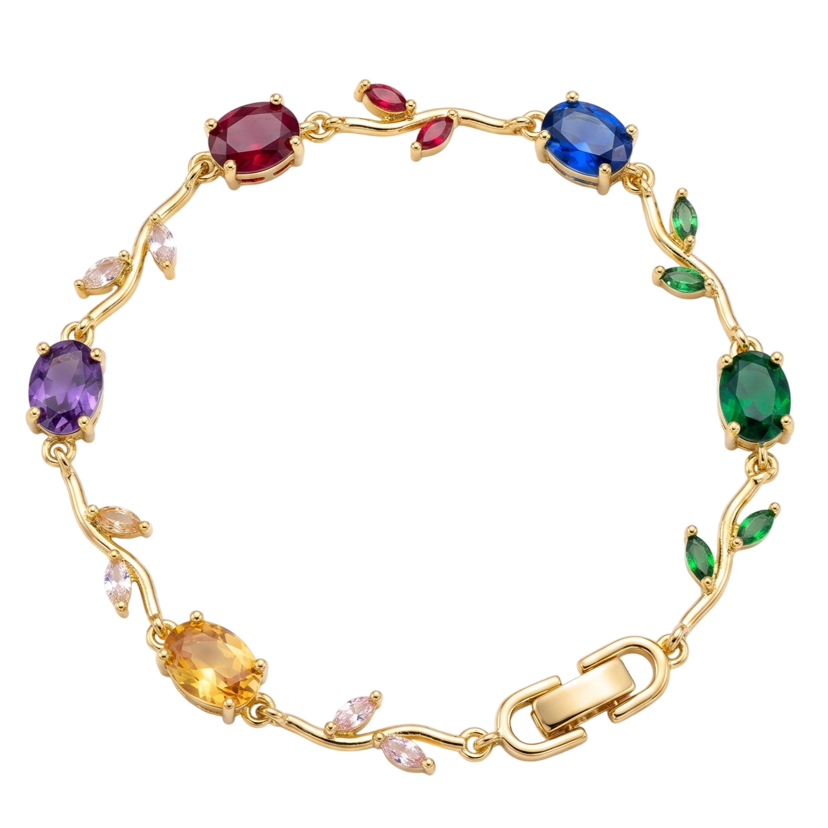 Rainbow Vine Multi-Gemstone Bracelet - Gold Plated Botanical Leaf Link Design with Oval Ruby, Sapphire, Emerald, Amethyst & Citrine