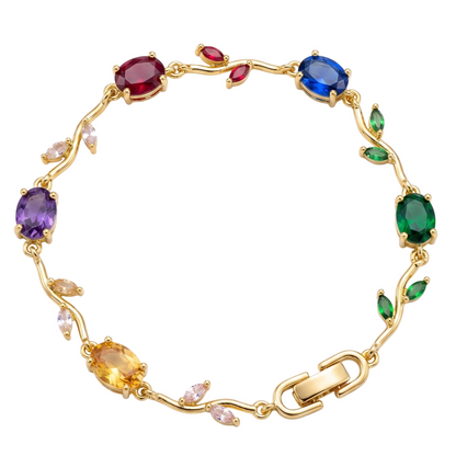 Rainbow Vine Multi-Gemstone Bracelet - Gold Plated Botanical Leaf Link Design with Oval Ruby, Sapphire, Emerald, Amethyst & Citrine