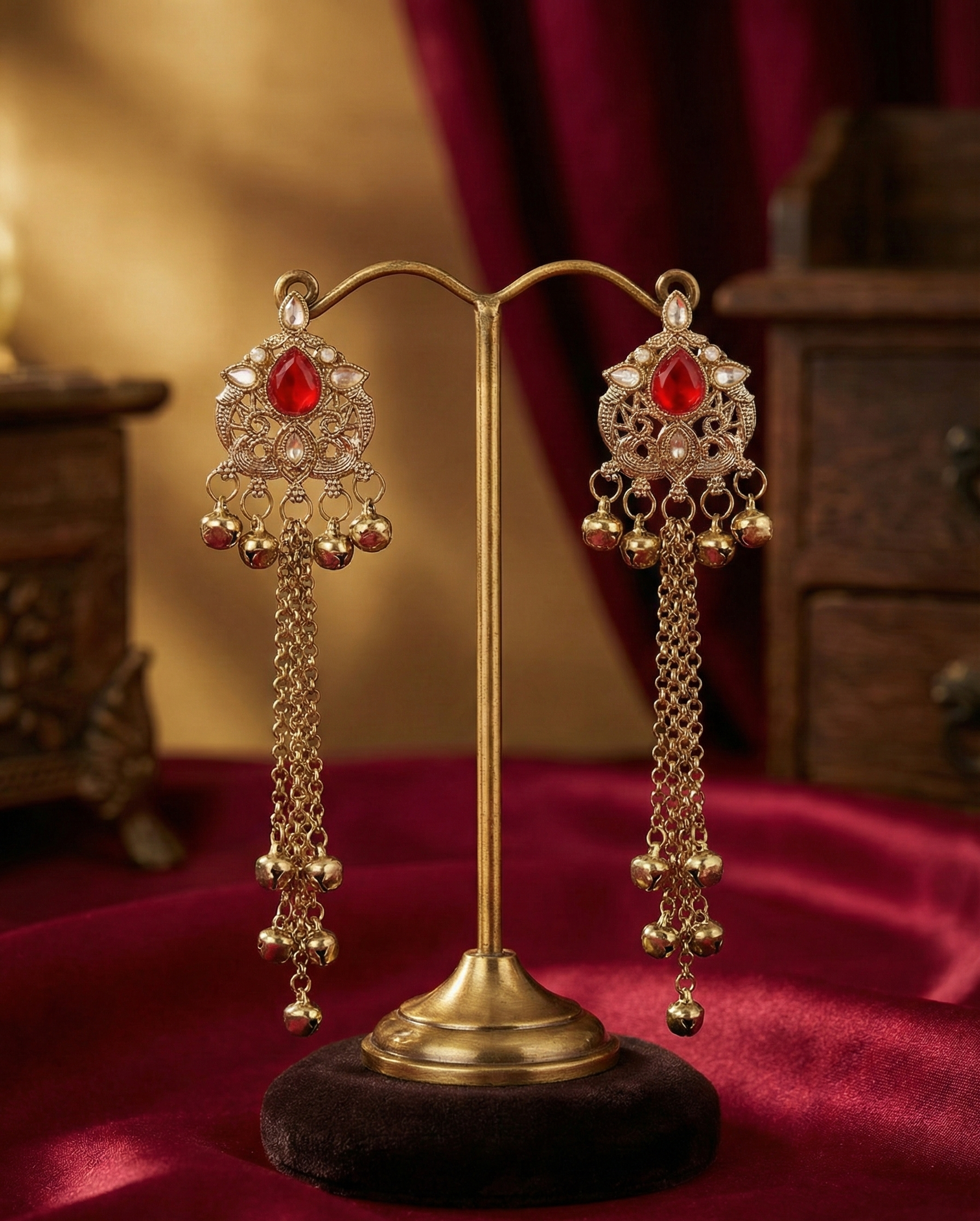 Close-up view of premium artificial Royal Red Stone Gold Plated Long Tassel Earrings with Cascading Ghungroo Bells by Innovate Art Impex.