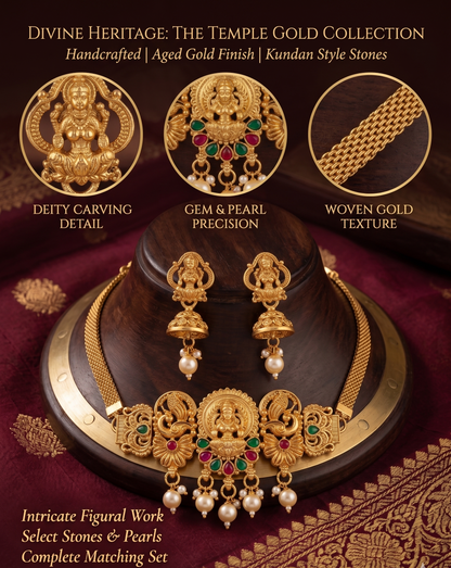 Gold jewelry set with deities, pearls, and intricate designs on a dark background.
