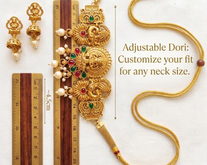 Gold necklace with adjustable dori, earrings, and measurement rulers on a white background.