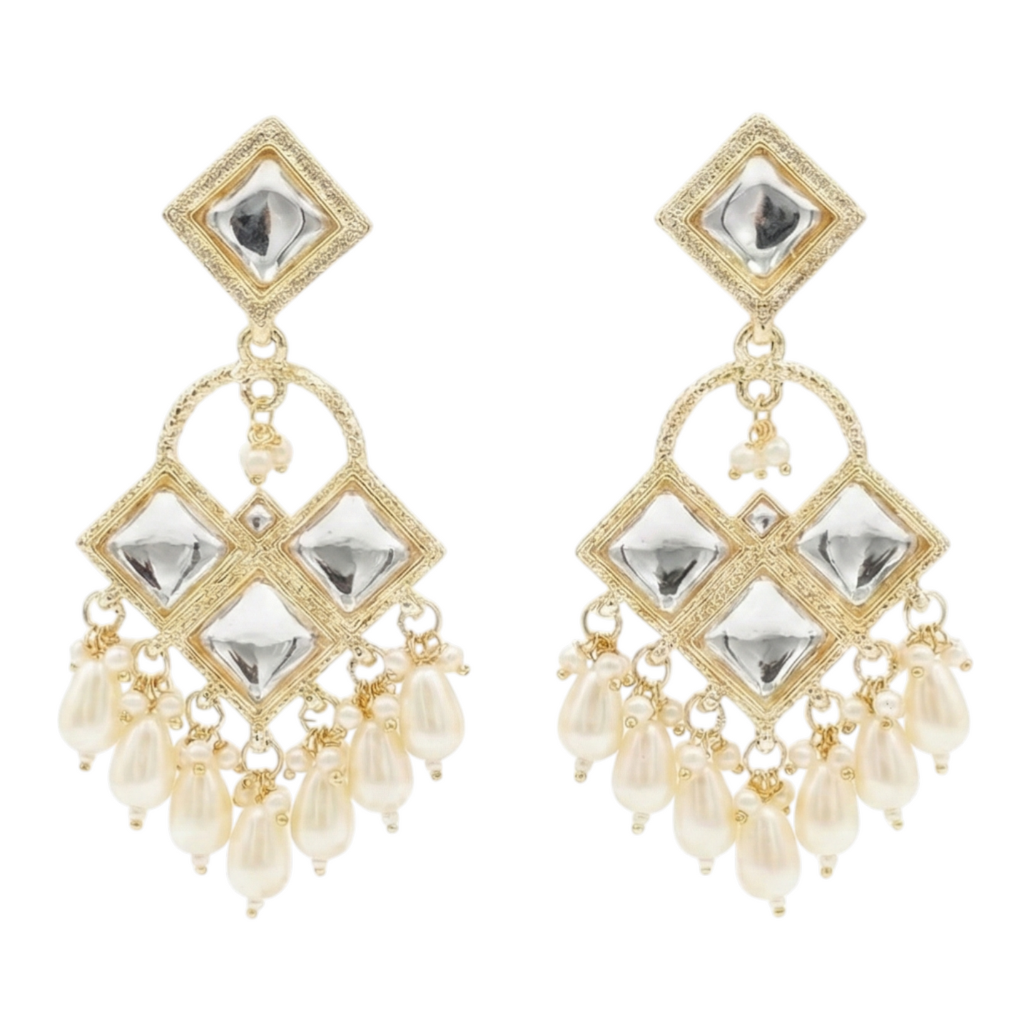 Close-up view of premium artificial Traditional Geometric Kundan & Pearl Drop Dangler Earrings by Innovate Art Impex.