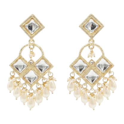 Close-up view of premium artificial Traditional Geometric Kundan & Pearl Drop Dangler Earrings by Innovate Art Impex.