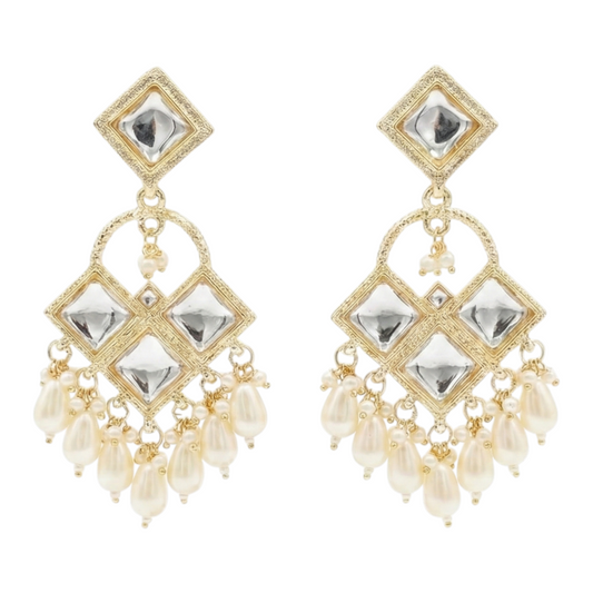 Close-up view of premium artificial Traditional Geometric Kundan & Pearl Drop Dangler Earrings by Innovate Art Impex.