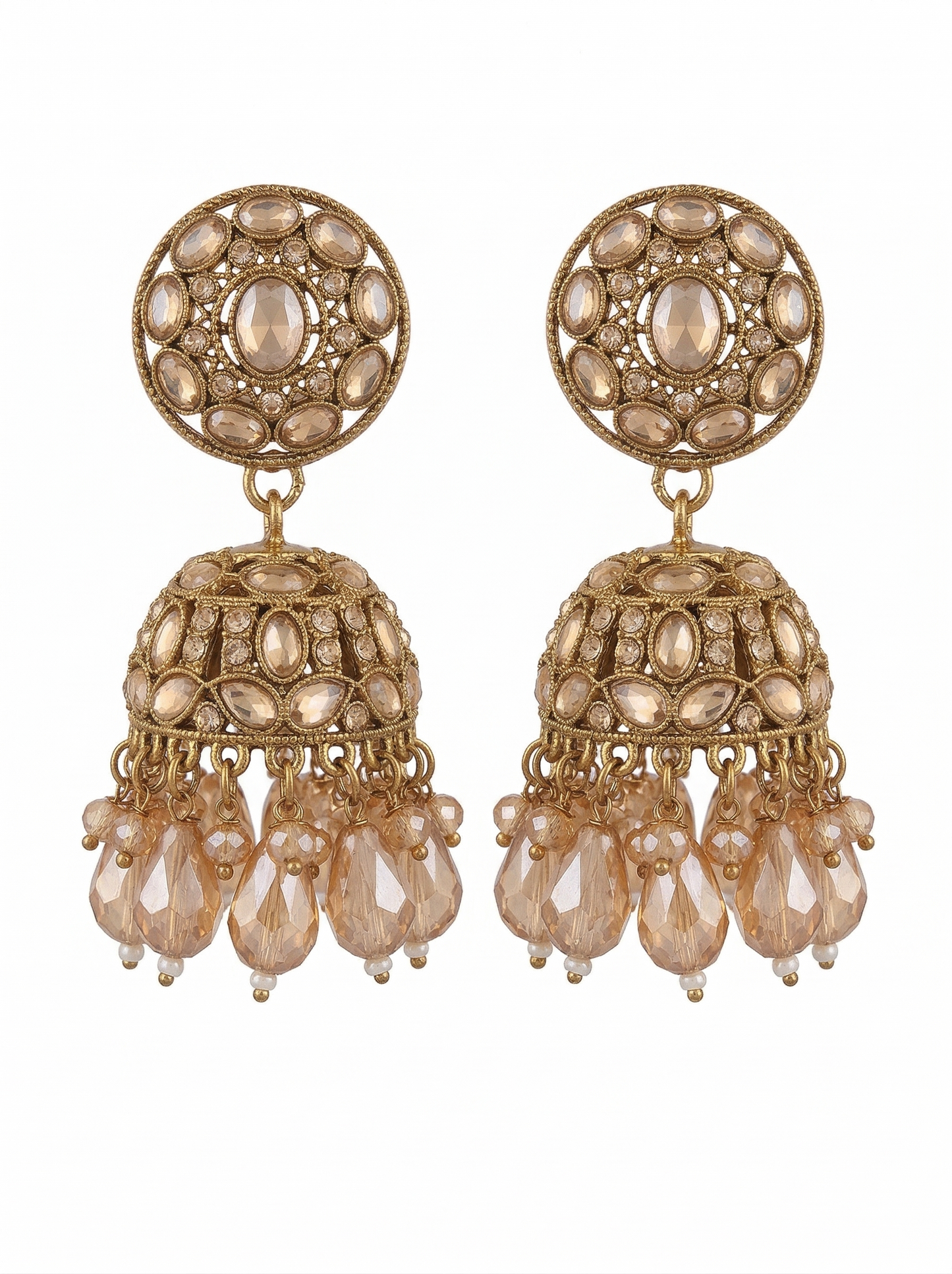 Close-up view of premium artificial Traditional Gold-Plated Round Stud Jhumka Earrings with Champagne Crystal Drops for Women. by Innovate Art Impex.