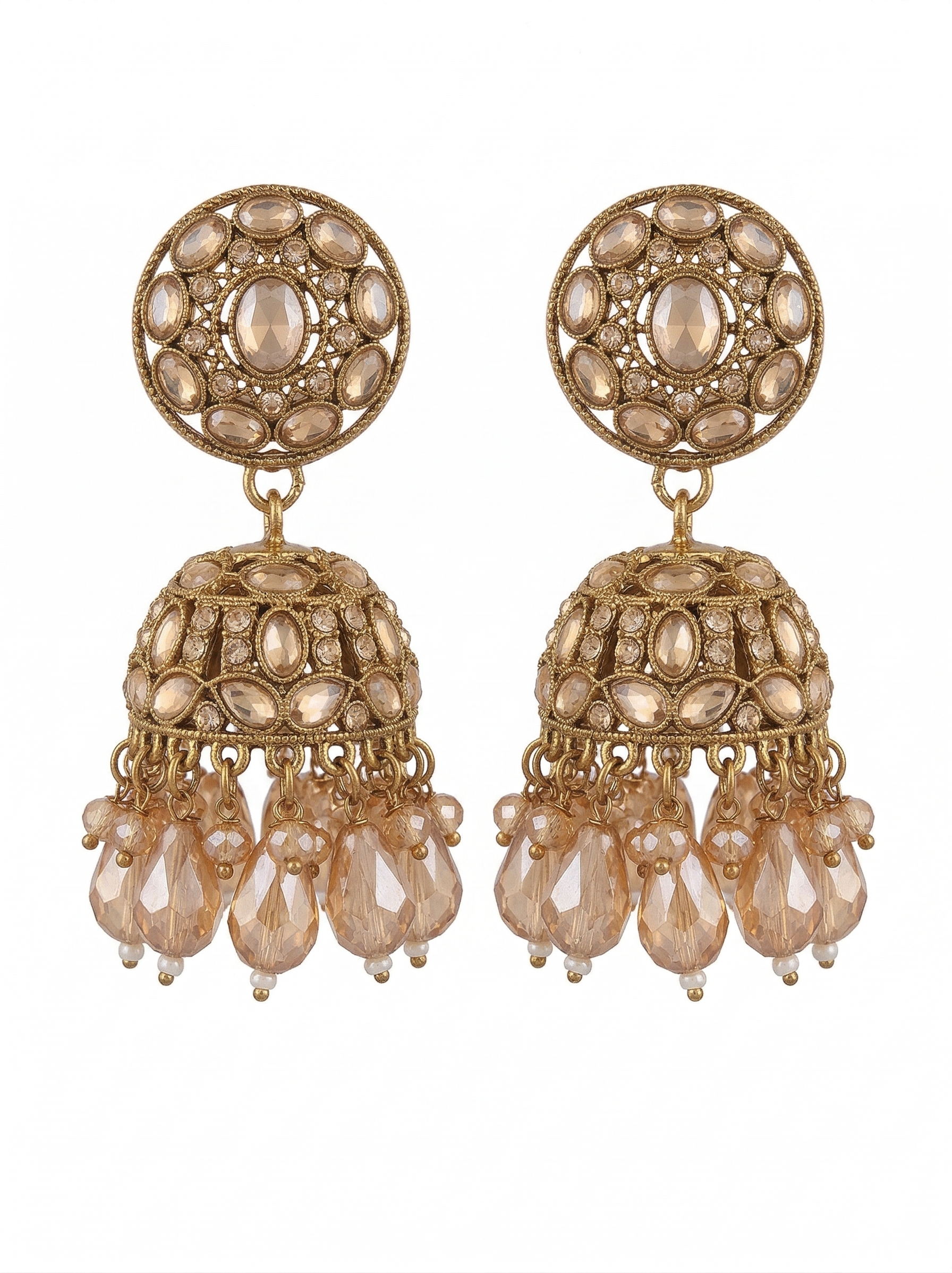 Close-up view of premium artificial Traditional Gold-Plated Round Stud Jhumka Earrings with Champagne Crystal Drops for Women. by Innovate Art Impex.