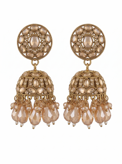 Close-up view of premium artificial Traditional Gold-Plated Round Stud Jhumka Earrings with Champagne Crystal Drops for Women. by Innovate Art Impex.