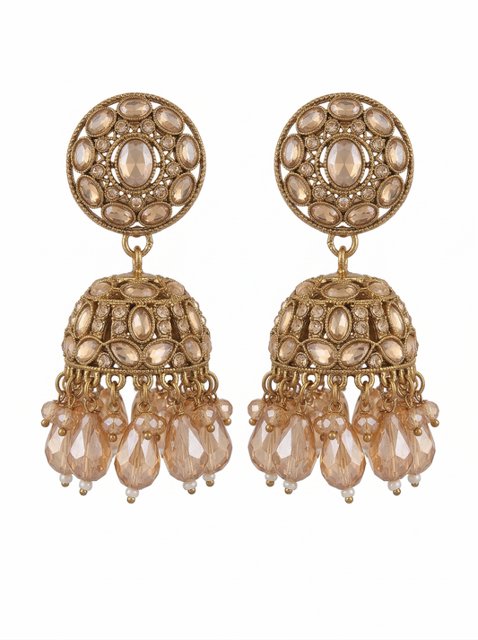 Close-up view of premium artificial Traditional Gold-Plated Round Stud Jhumka Earrings with Champagne Crystal Drops for Women. by Innovate Art Impex.