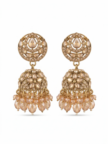 Close-up view of premium artificial Antique Gold Floral Leaf Design Jhumki Earrings with Handcrafted Bead Drops. by Innovate Art Impex.