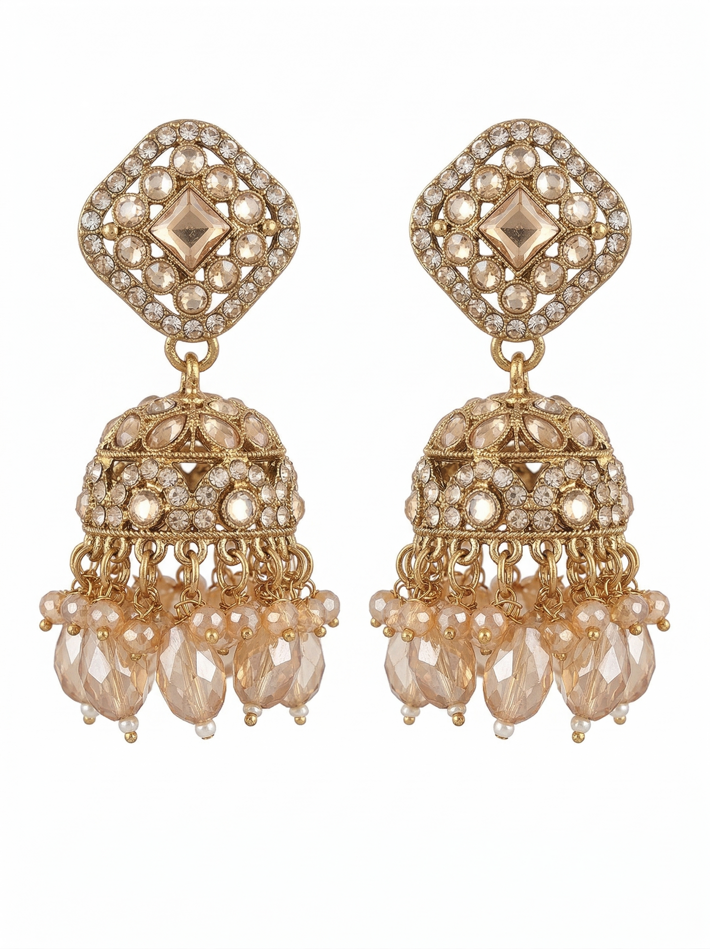 Close-up view of premium artificial Elegant Square-Shaped Kundan Studded Jhumka Earrings for Party and Festive Wear. by Innovate Art Impex.