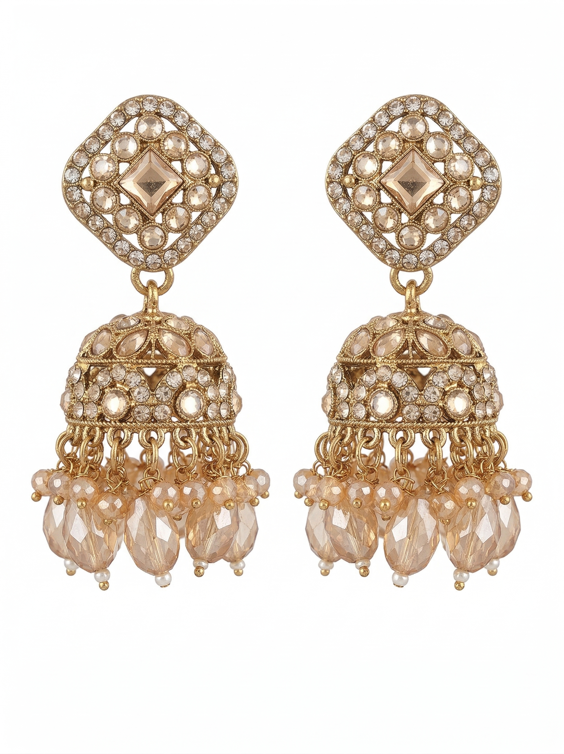 Close-up view of premium artificial Elegant Square-Shaped Kundan Studded Jhumka Earrings for Party and Festive Wear. by Innovate Art Impex.