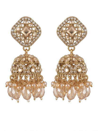 Close-up view of premium artificial Elegant Square-Shaped Kundan Studded Jhumka Earrings for Party and Festive Wear. by Innovate Art Impex.