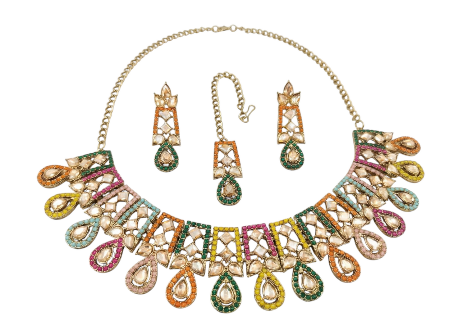 Close-up view of premium artificial Antique Gold Multi Color Meenakari & Kundan Choker Set with Maang Tikka by Innovate Art Impex.