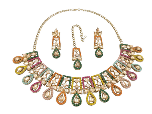 Antique Gold Multi Color Meenakari & Kundan Choker Set with Maang Tikka