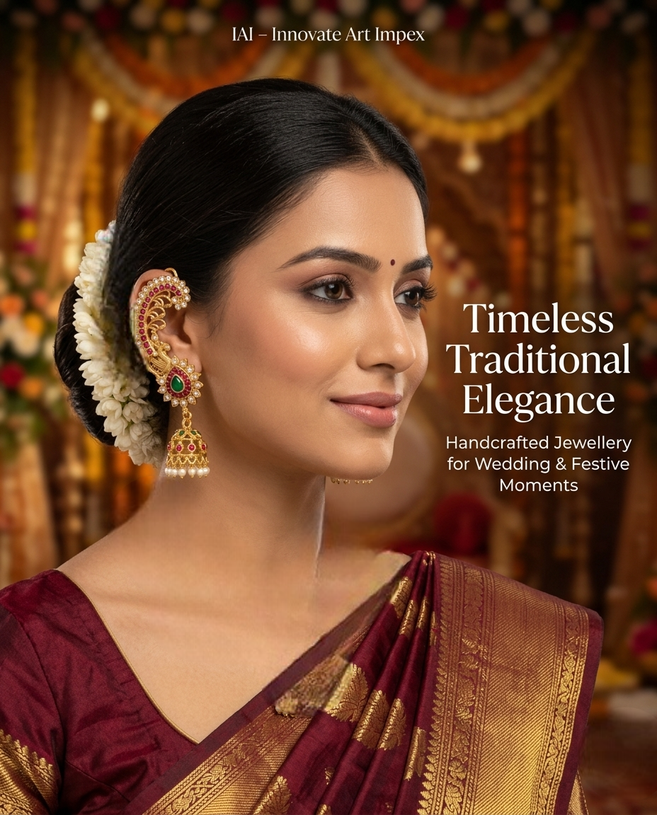 Indian model wearing INNOVATE ART IMPEX antique gold peacock ear cuff jhumka earrings with a maroon silk saree.
