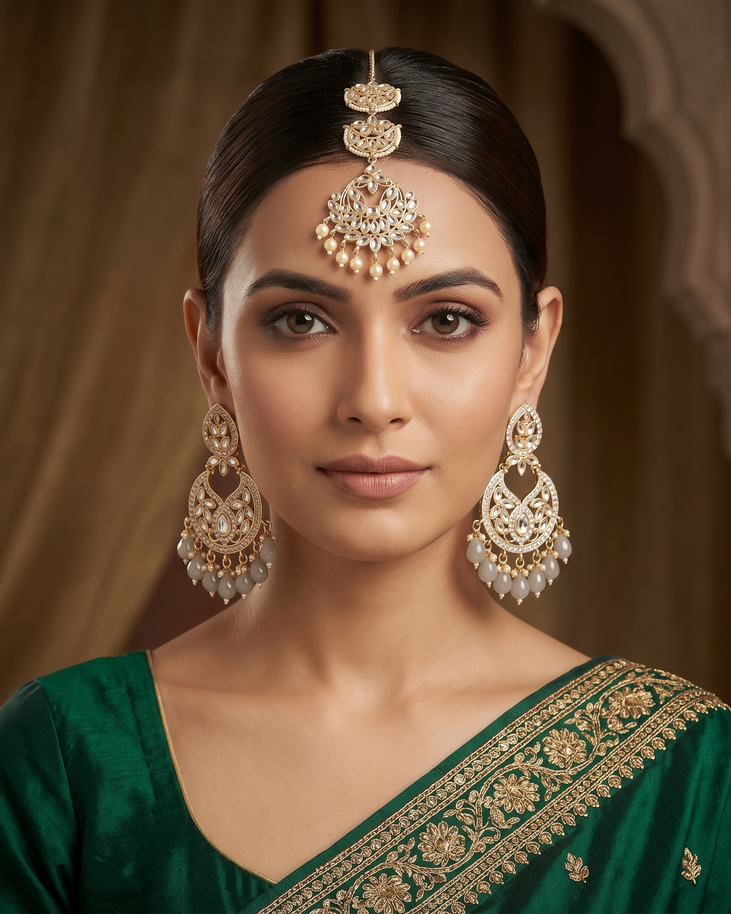 Indian model wearing INNOVATE ART IMPEX gold-plated Chandbali earrings and matching 4-tier Kundan Maang Tikka with a green silk saree.