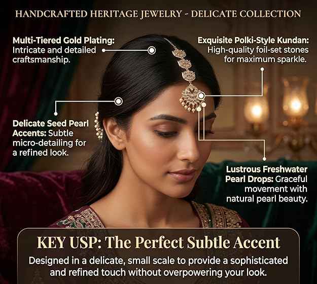 Indian woman modeling the INNOVATE ART IMPEX delicate Kundan Maang Tikka, with text highlighting multi-tiered gold plating and lustrous freshwater pearl drops.