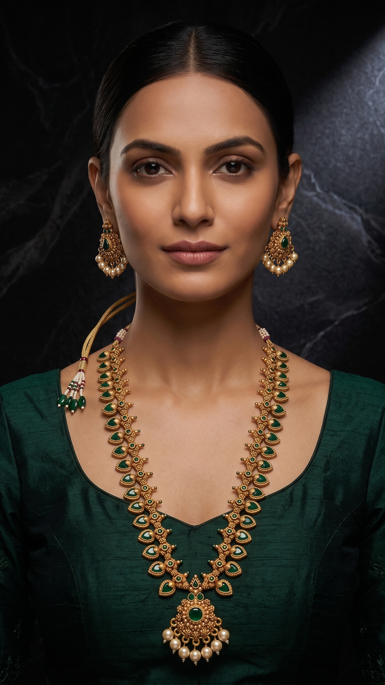 Indian woman styling the INNOVATE ART IMPEX antique gold long temple necklace and matching stud earrings over a dark green ethnic outfit.