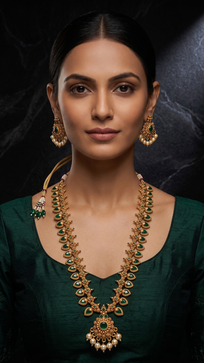 Indian woman styling the INNOVATE ART IMPEX antique gold long temple necklace and matching stud earrings over a dark green ethnic outfit.