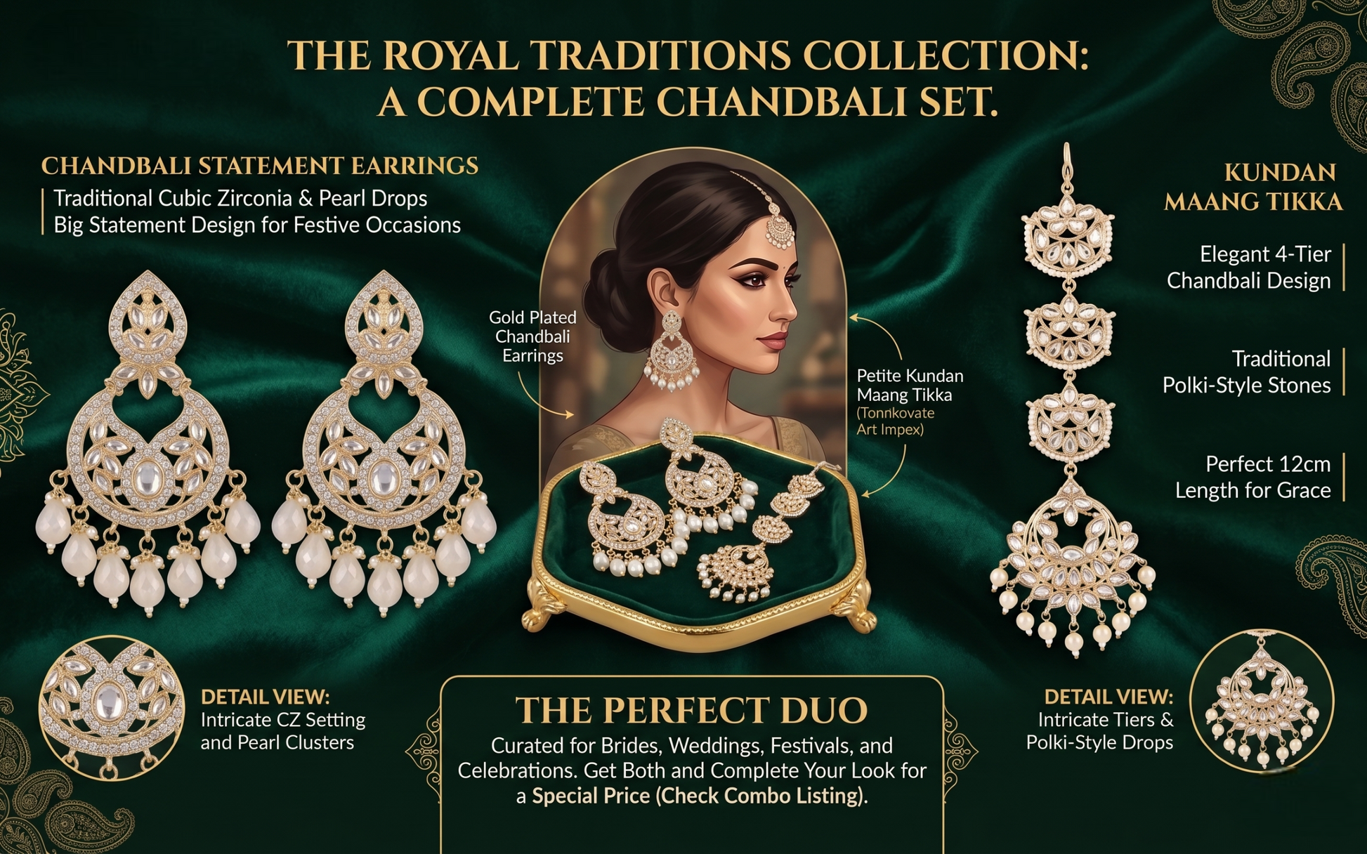 Infographic detailing the INNOVATE ART IMPEX Royal Traditions Collection, showcasing the 12cm Kundan Maang Tikka and statement Chandbali earrings with pearl drops