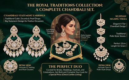 Infographic detailing the INNOVATE ART IMPEX Royal Traditions Collection, showcasing the 12cm Kundan Maang Tikka and statement Chandbali earrings with pearl drops