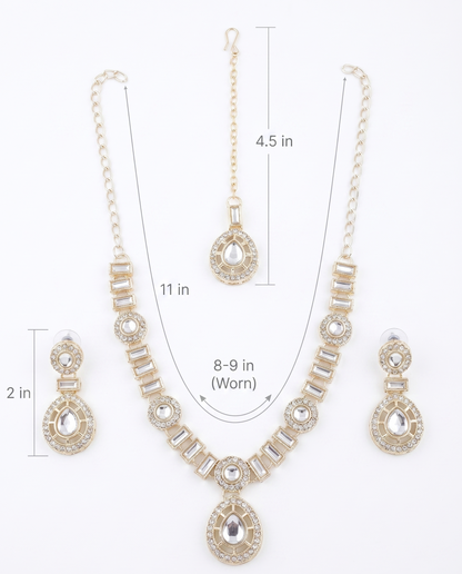 Traditional Gold-Toned American Diamond CZ Teardrop Choker Necklace Set with Maangtikka and Earrings for Women | Artificial Bridal Wedding Jewellery | INNOVATE ART IMPEX