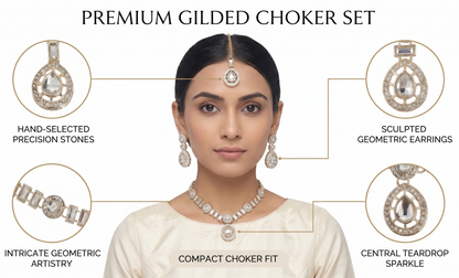 Traditional Gold-Toned American Diamond CZ Teardrop Choker Necklace Set with Maangtikka and Earrings for Women | Artificial Bridal Wedding Jewellery | INNOVATE ART IMPEX
