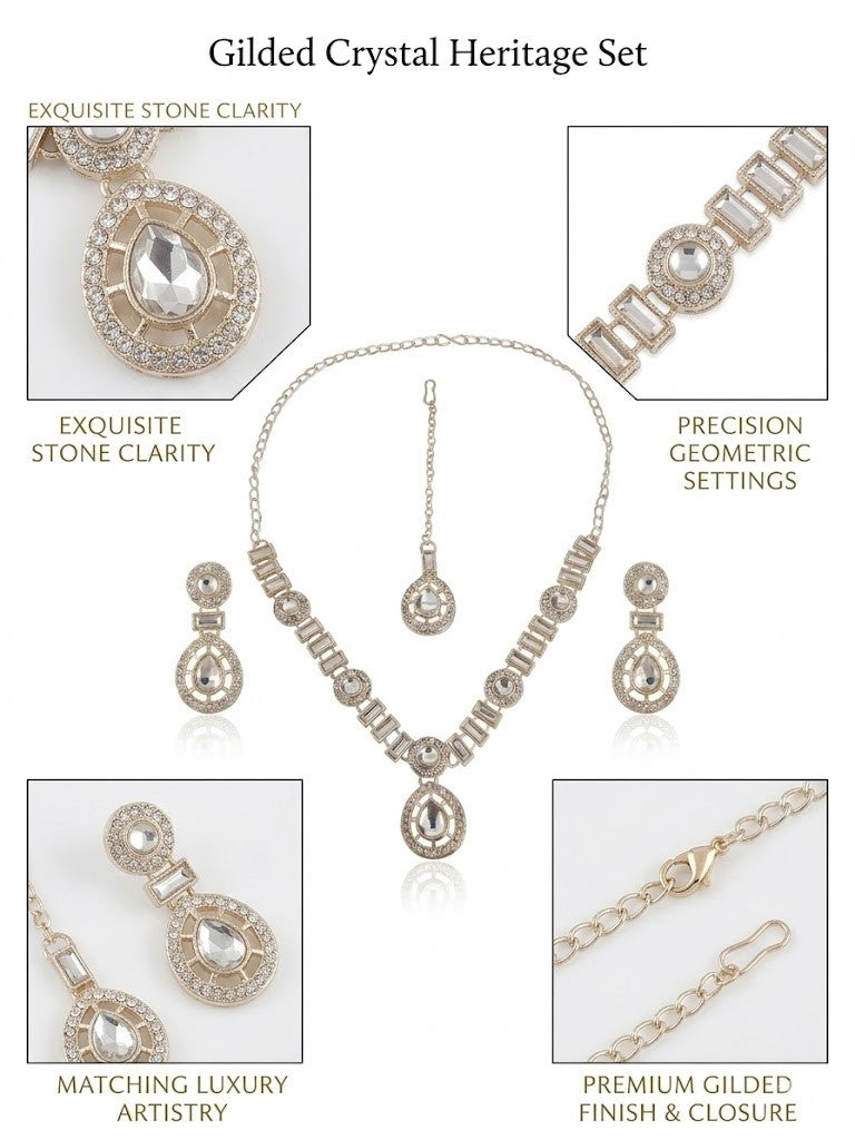 Traditional Gold-Toned American Diamond CZ Teardrop Choker Necklace Set with Maangtikka and Earrings for Women | Artificial Bridal Wedding Jewellery | INNOVATE ART IMPEX