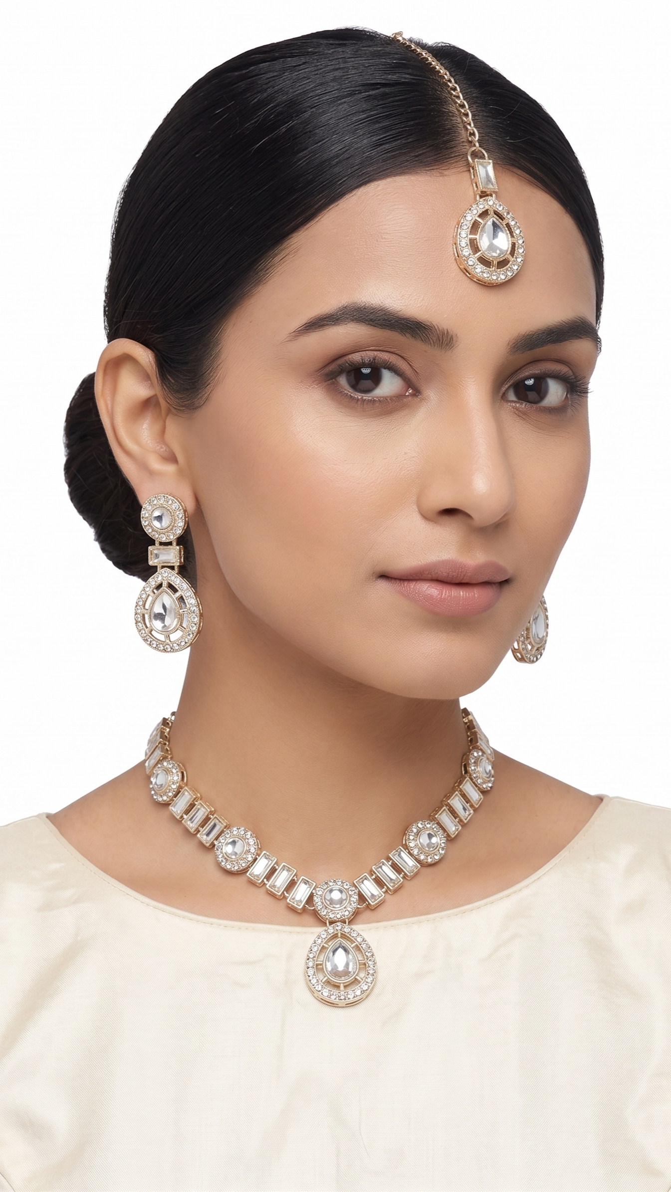 Traditional Gold-Toned American Diamond CZ Teardrop Choker Necklace Set with Maangtikka and Earrings for Women | Artificial Bridal Wedding Jewellery | INNOVATE ART IMPEX