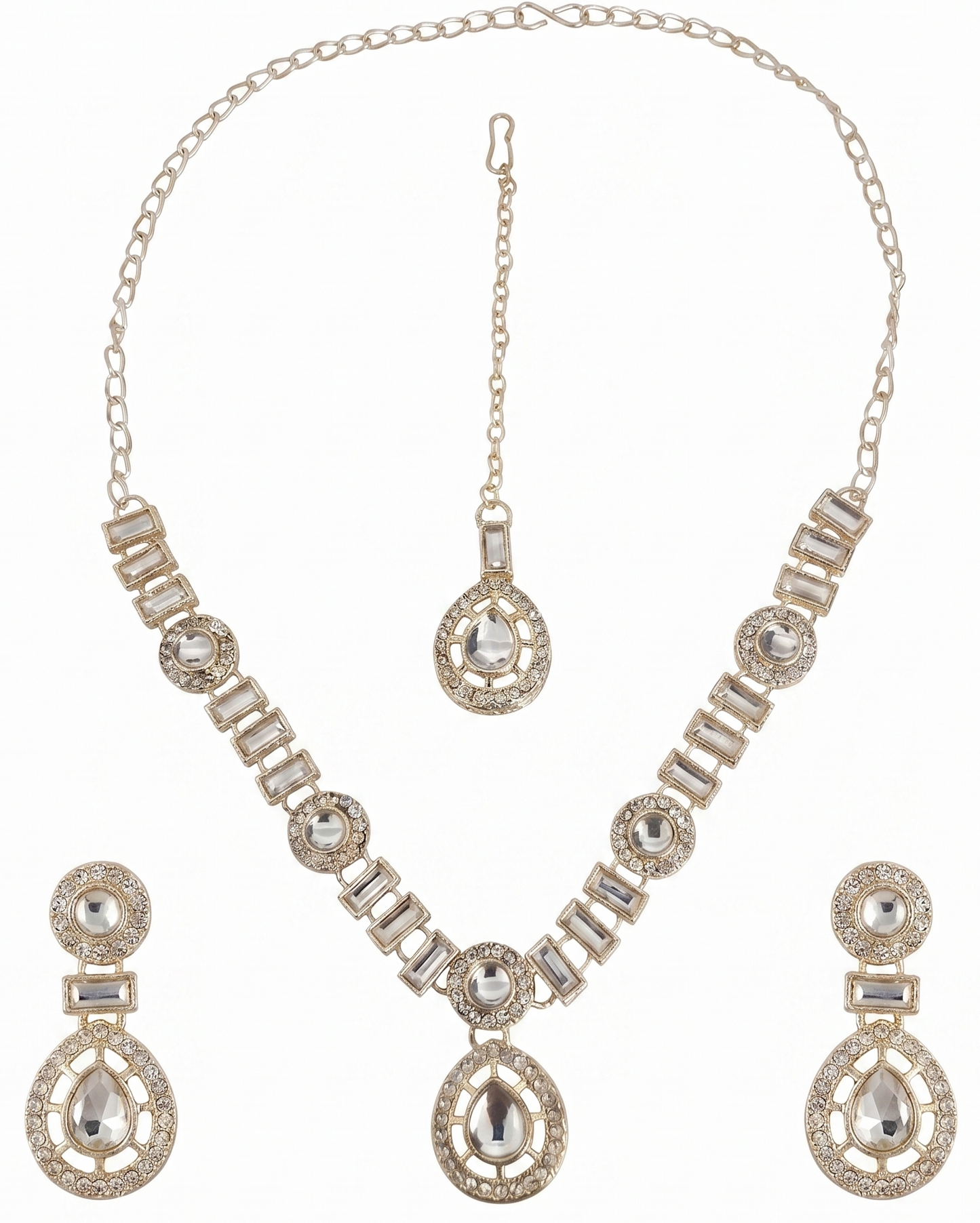 Traditional Gold-Toned American Diamond CZ Teardrop Choker Necklace Set with Maangtikka and Earrings for Women | Artificial Bridal Wedding Jewellery | INNOVATE ART IMPEX