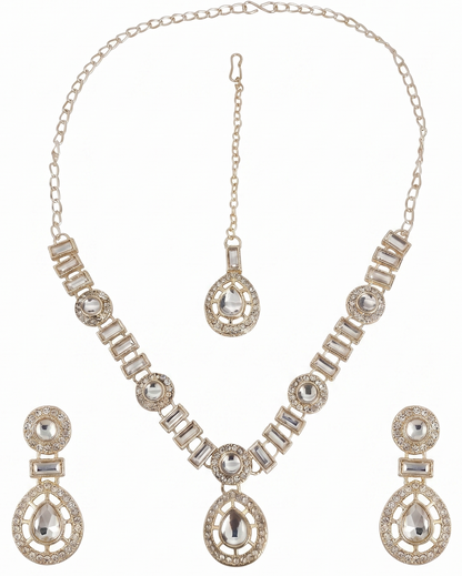 Traditional Gold-Toned American Diamond CZ Teardrop Choker Necklace Set with Maangtikka and Earrings for Women | Artificial Bridal Wedding Jewellery | INNOVATE ART IMPEX