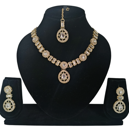 Traditional Gold-Toned American Diamond CZ Teardrop Choker Necklace Set with Maangtikka and Earrings for Women | Artificial Bridal Wedding Jewellery | INNOVATE ART IMPEX