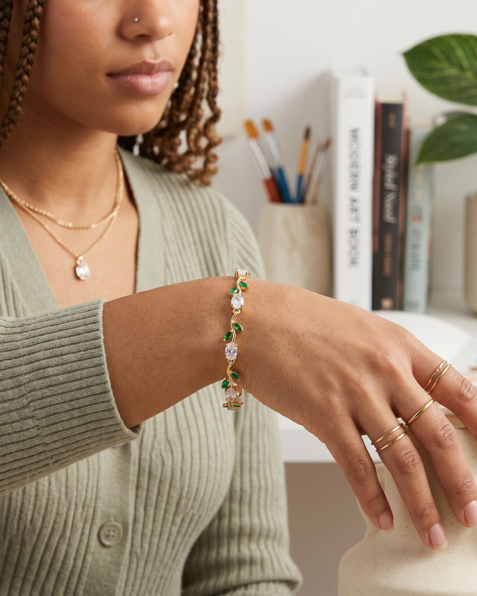 Gold-Toned Botanical Vine Link Bracelet with Clear Oval & Green Marquise American Diamonds