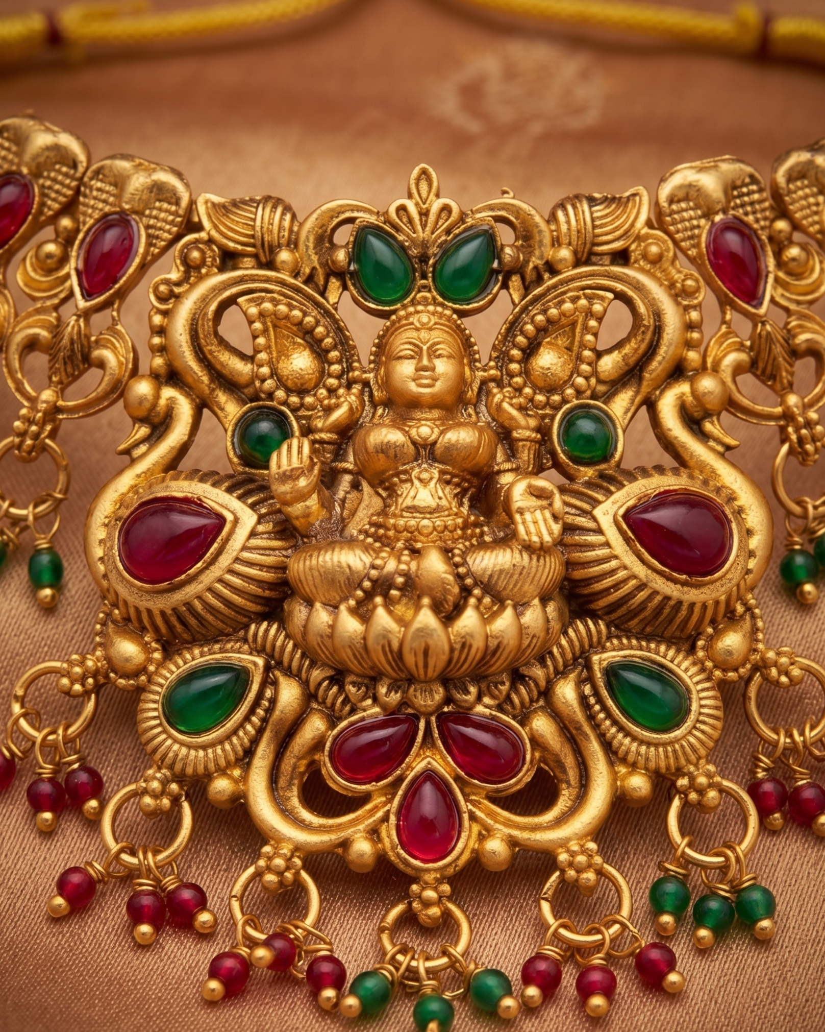 Handcrafted Antique Gold Temple Jewelry Set: Goddess Lakshmi Choker & Matching Jhumkas