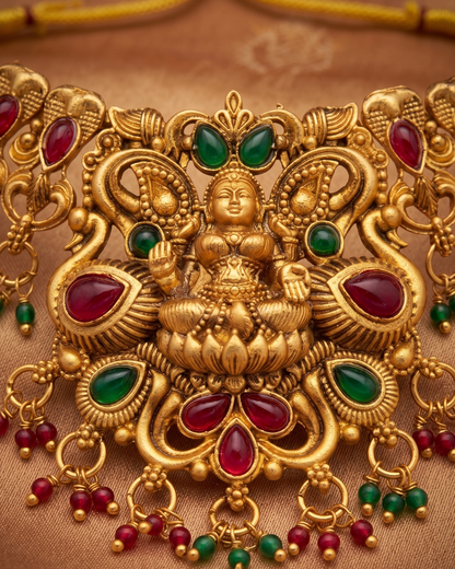 Handcrafted Antique Gold Temple Jewelry Set: Goddess Lakshmi Choker & Matching Jhumkas