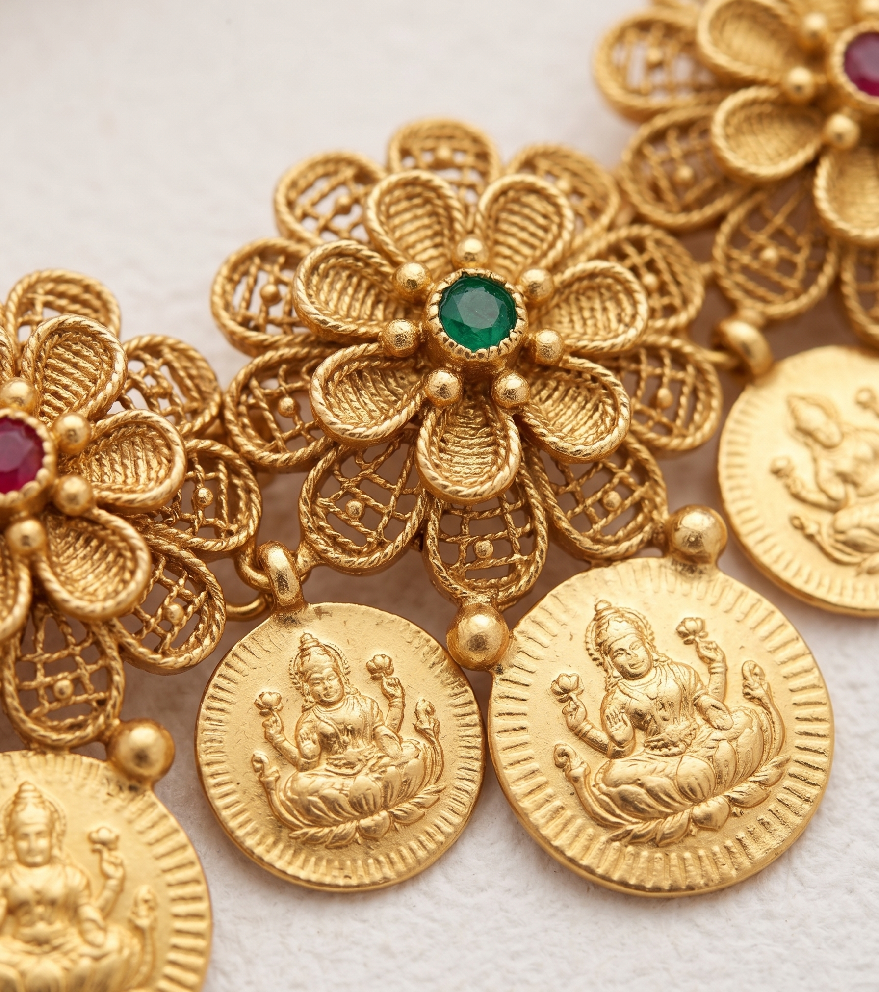 Handcrafted Antique Gold Kasu Choker Set with Floral Filigree & Lakshmi-Ganesha Coins