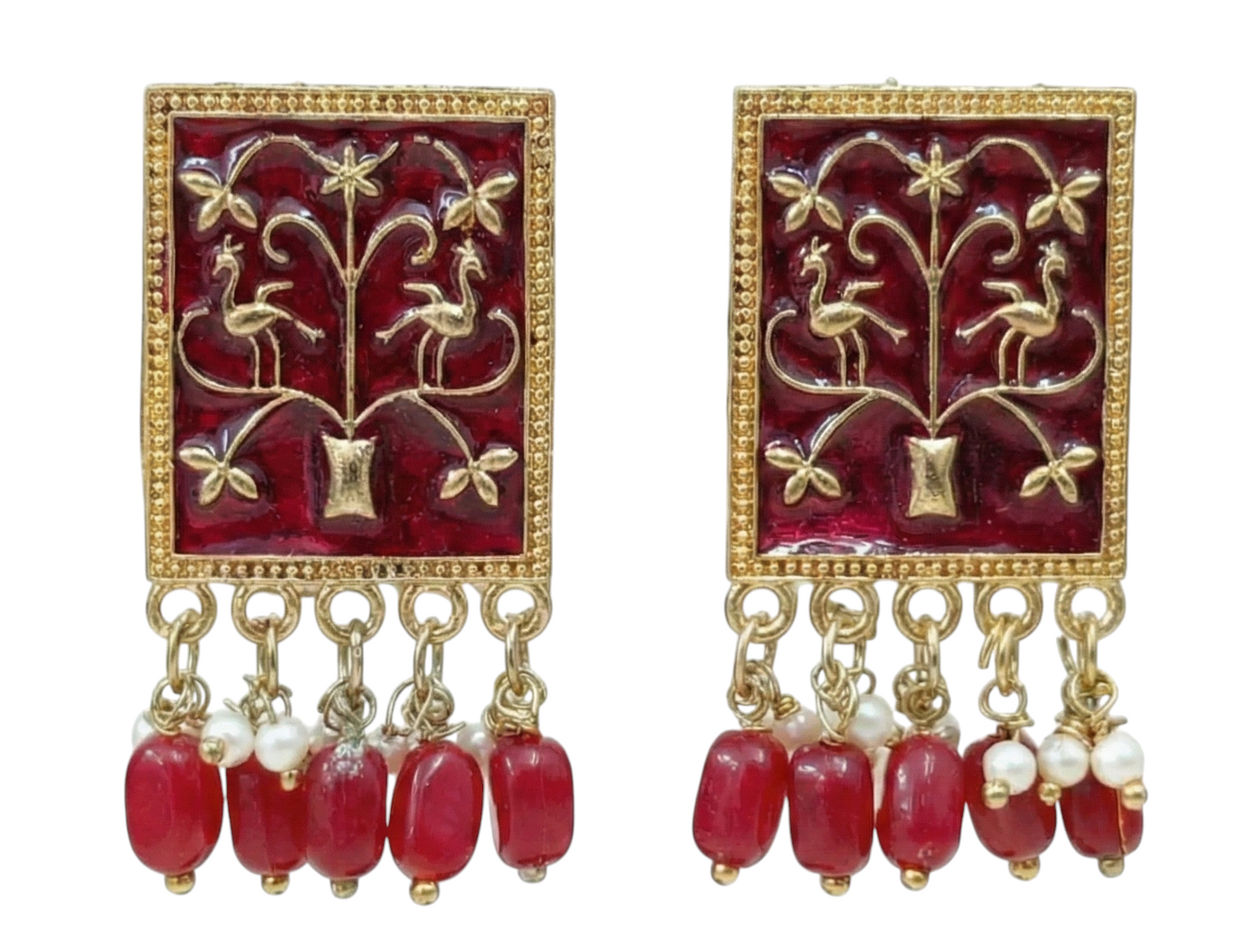 Close-up view of premium artificial Maroon Meenakari Gold Plated Pearl Drop Earrings for Women | Traditional Ethnic Dangle Earrings by Innovate Art Impex.
