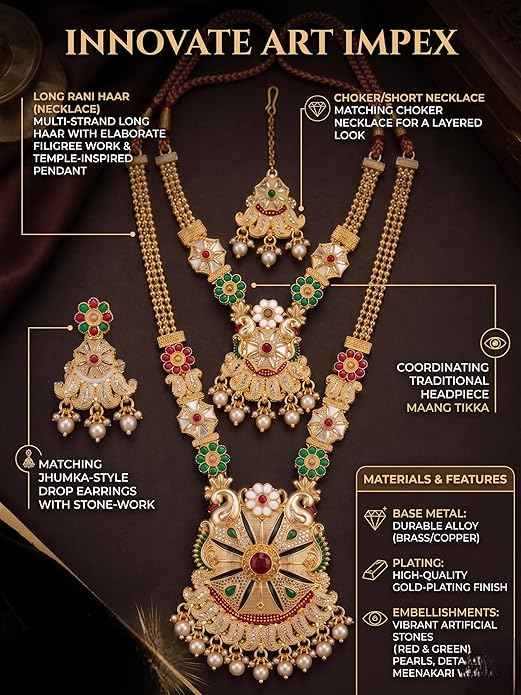 Opulent Gold-Plated Bridal Rani Haar & Choker Layered Combo Set | Pearl & Meenakari 4-Piece Heritage Jewelry | INNOVATE ART IMPEX