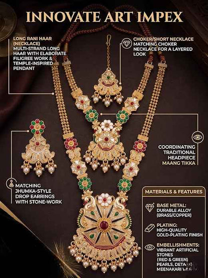 Opulent Gold-Plated Bridal Rani Haar & Choker Layered Combo Set | Pearl & Meenakari 4-Piece Heritage Jewelry | INNOVATE ART IMPEX