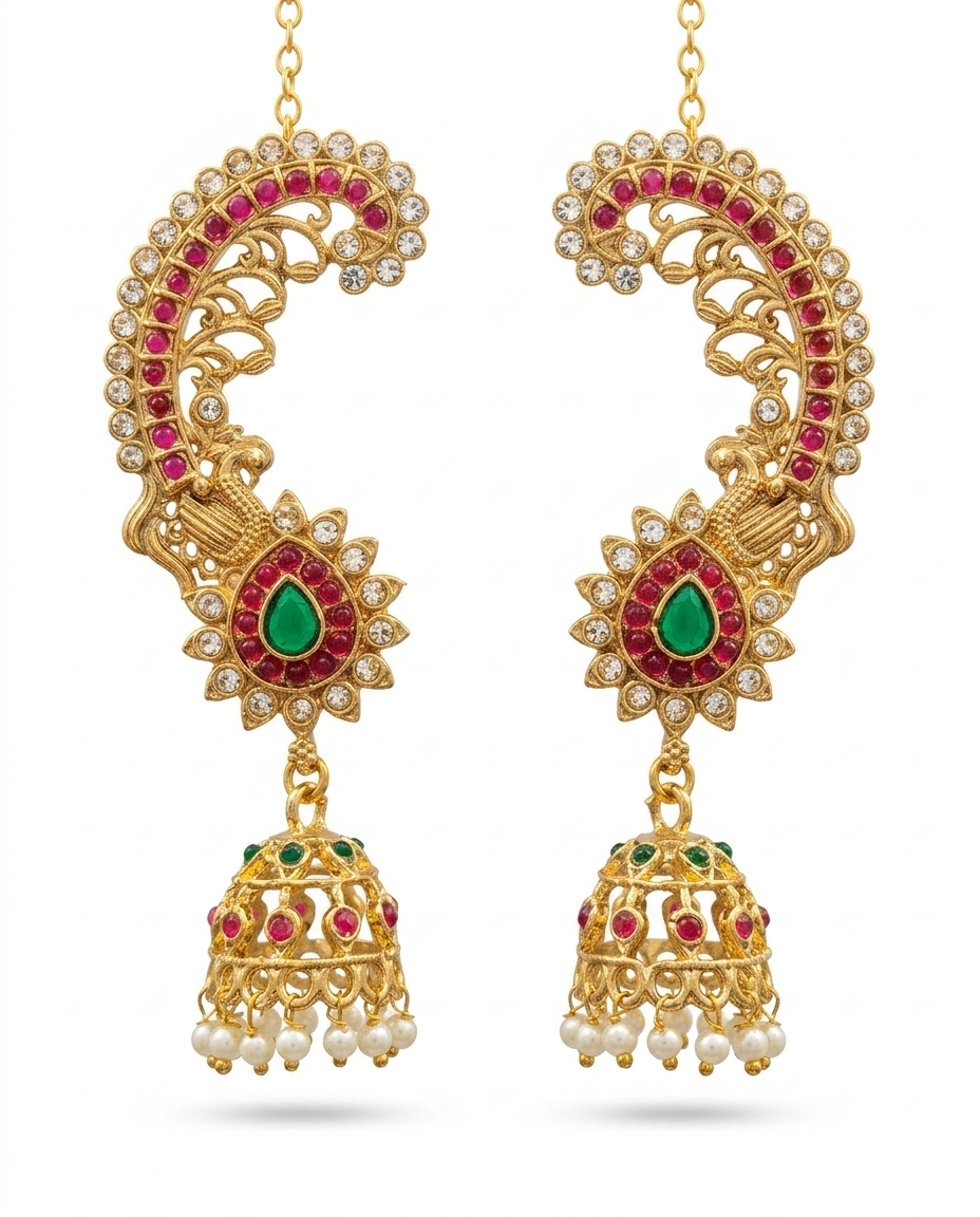 Pair of INNOVATE ART IMPEX antique gold peacock ear cuff kaan chain jhumkas with red and green stones on a clean white background.