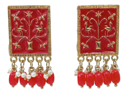 Close-up view of premium artificial Red Meenakari Gold Plated Pearl Drop Earrings for Women | Traditional Ethnic Dangle Earrings by Innovate Art Impex.