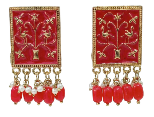 Close-up view of premium artificial Red Meenakari Gold Plated Pearl Drop Earrings for Women | Traditional Ethnic Dangle Earrings by Innovate Art Impex.