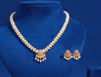 Close-up view of premium artificial Traditional Pearl Choker Necklace Set with Ruby Pendant | Innovate Art Impex by Innovate Art Impex.