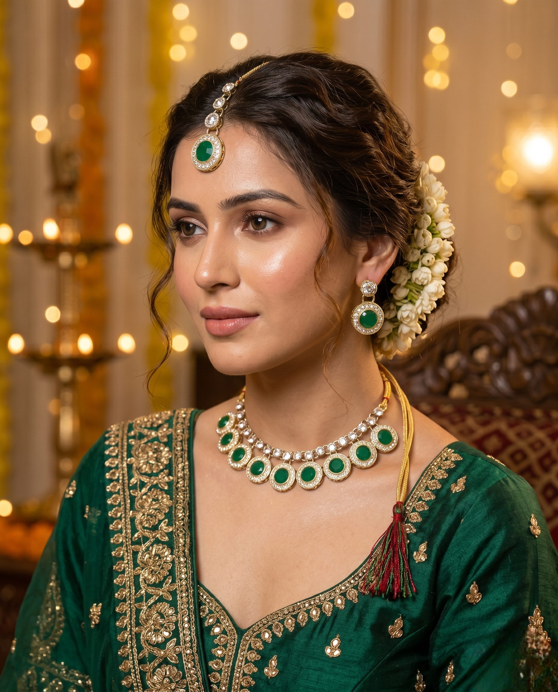 Side profile of model wearing green stone earrings and Maang Tikka with traditional hair bun.